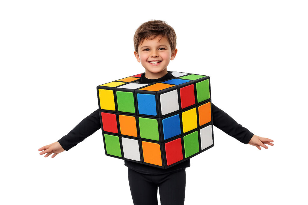 Disfraz de cubo de Rubik para niños terminado, con caja de cartón forrada de espuma negra y cuadrados de colores