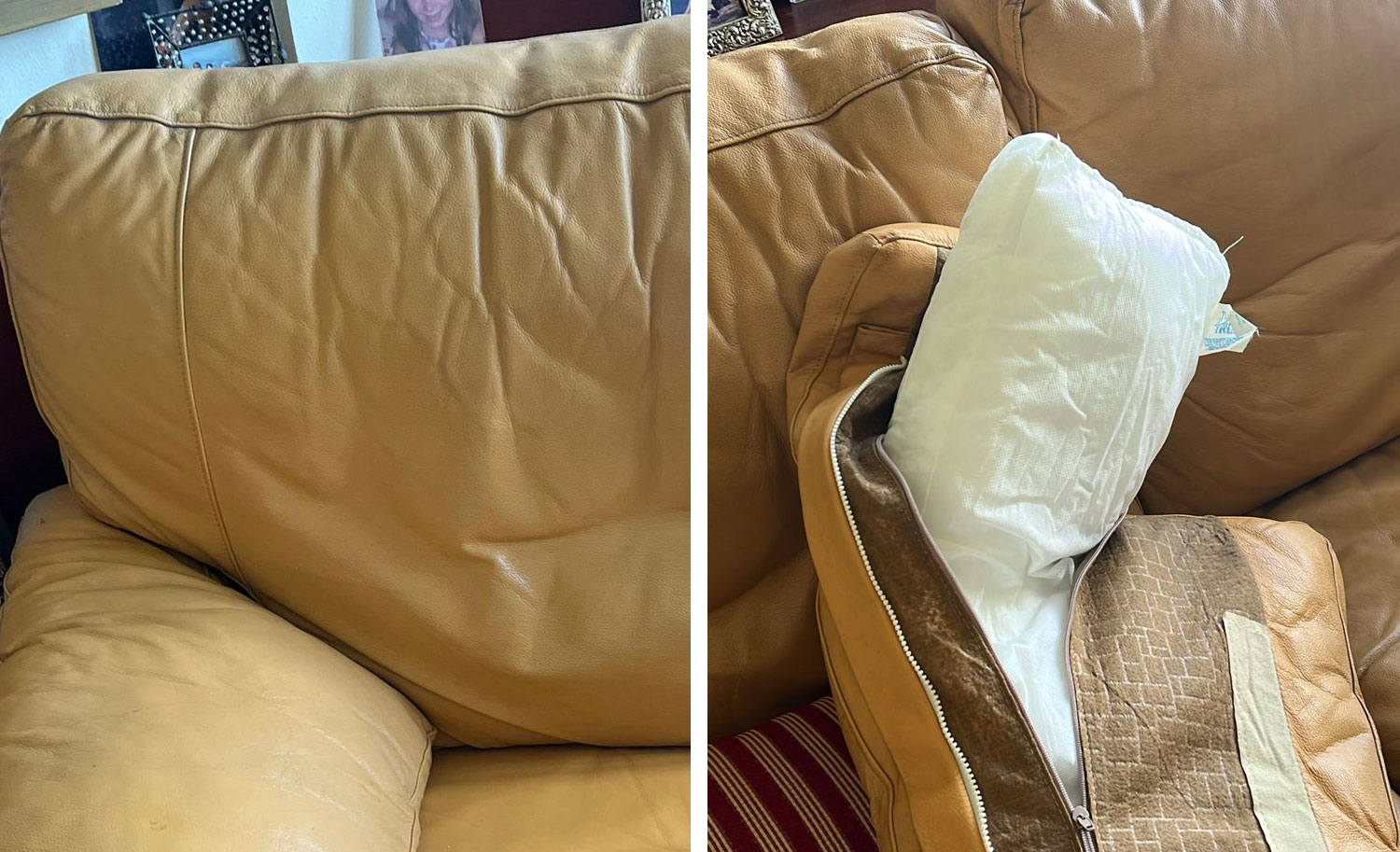 Renovar sofá de cuero. Antes: detalle de cojín de cuero deformado