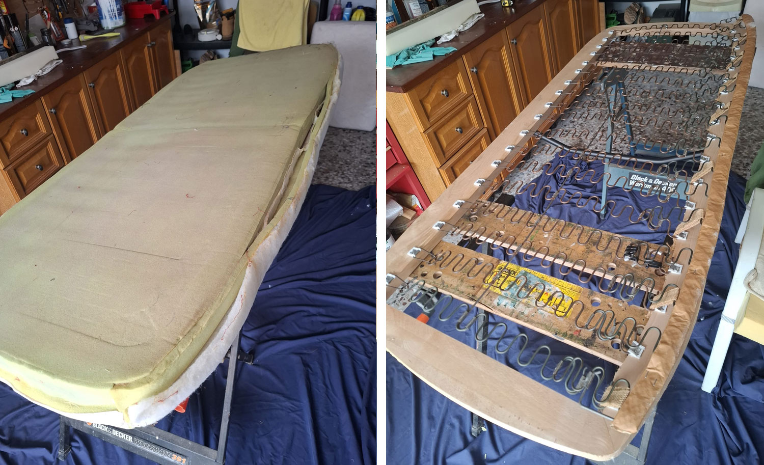 Reparar base de sofá de +25 años - Empezamos por quitar la espuma vieja para llegar a los muelles.