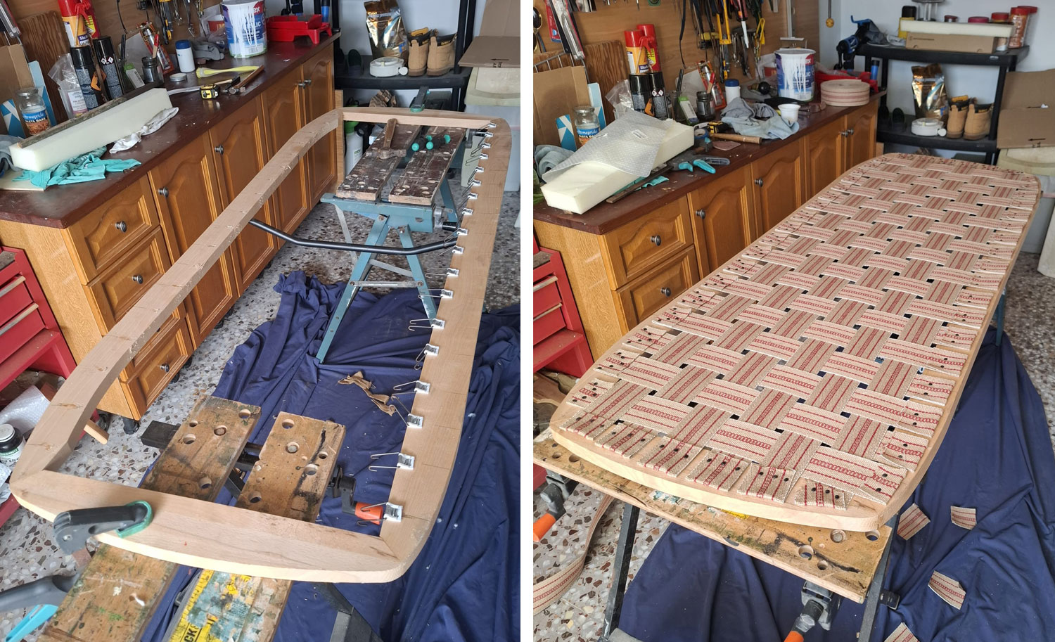 Reparar base de sofá de +25 años - Continuamos quitando los viejos y estropeados muelles que reemplazamos con una cincha para tapicería.