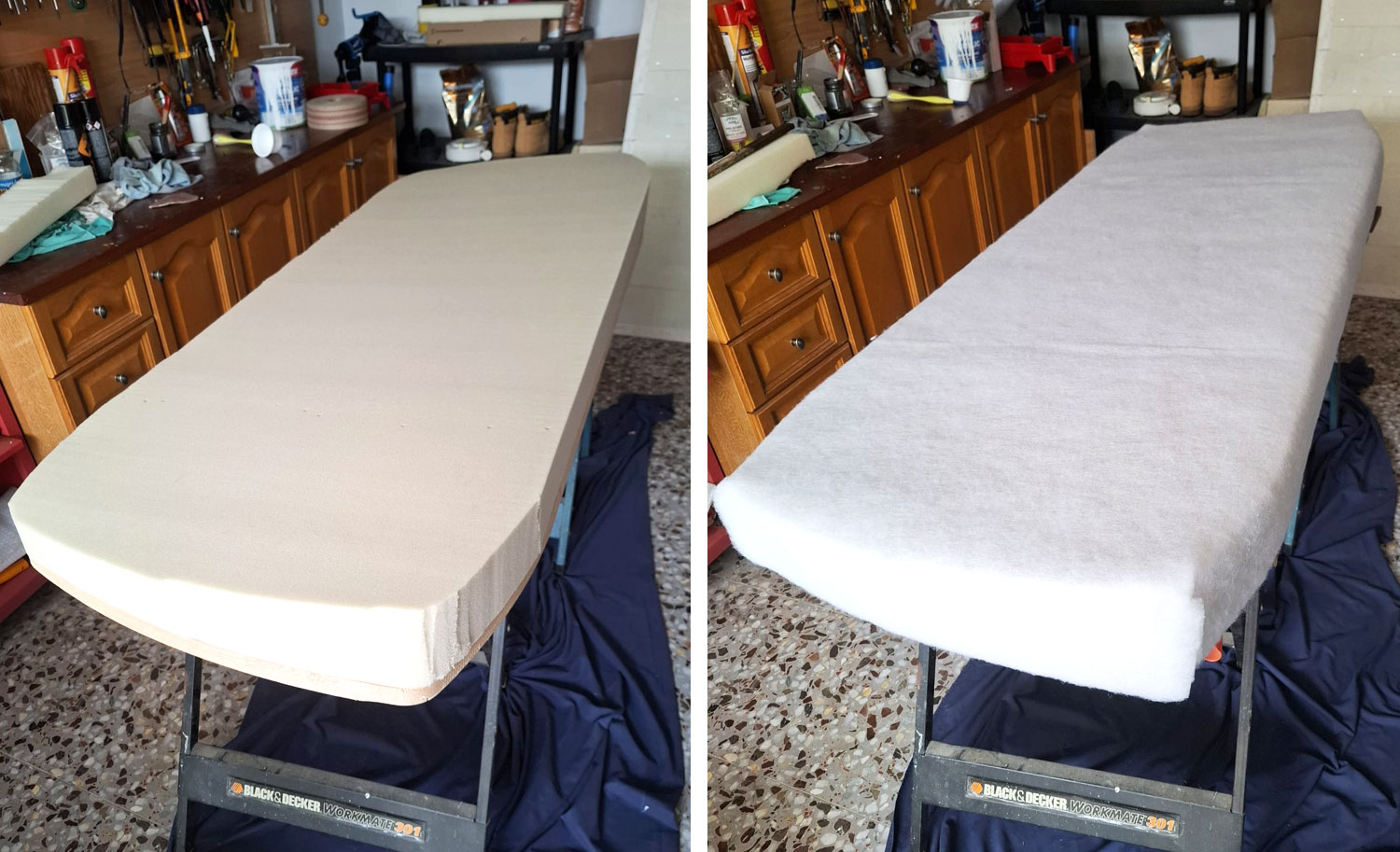 Reparar base de sofá de +25 años - Añadimos la pieza de espuma de densidad 40 y una capa de rollo de fibra de 1,5 cm para que quede más mullidito.