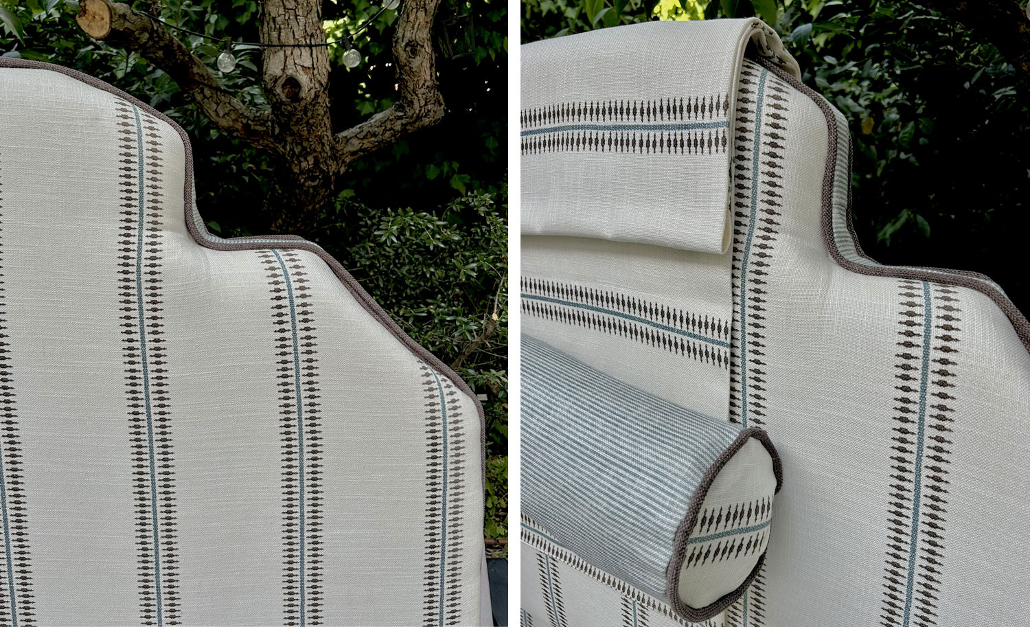 Cabecero con espuma para tapizar, forma escalonada con ribete topo, tela de raya gris y azul, cojín bolster