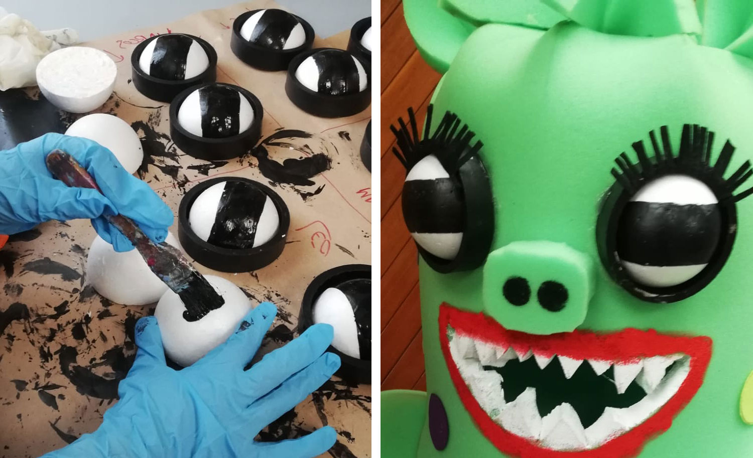 Bolas de poliespan cortadas a la mitad y pintadas de negro para los ojos, y detalle de los ojos ya montados con pestañas de fieltro negro.