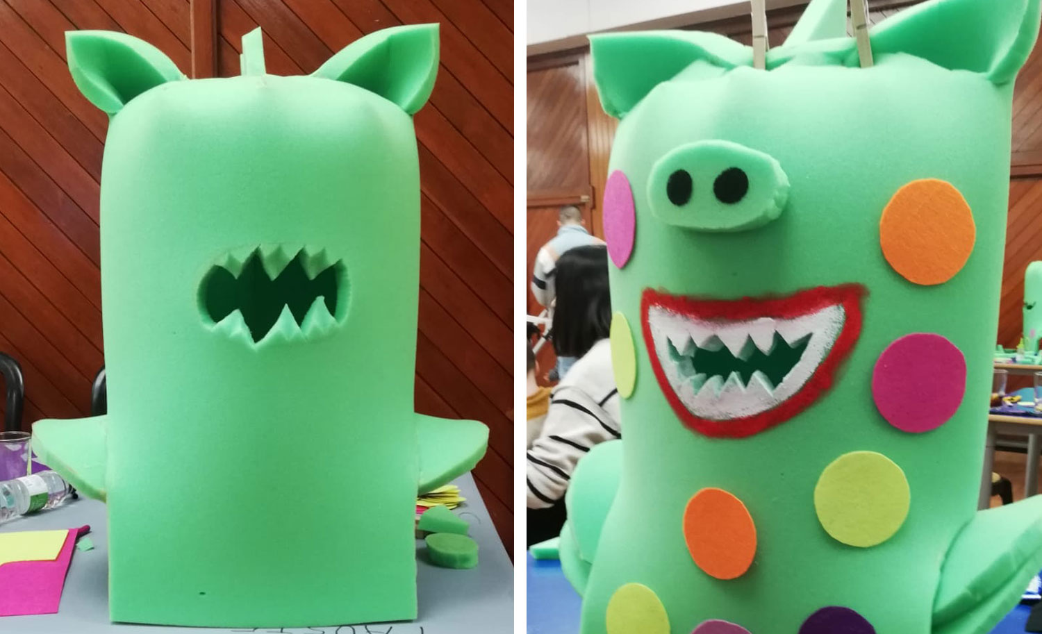 Cabeza de espuma con orejas y boca dentada sin decorar, y la misma cara ya terminada con hocico y círculos de fieltro